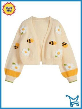 Women's Embroidered Crop Cardigan Open Front Floral Knit Sweater Loose Fit